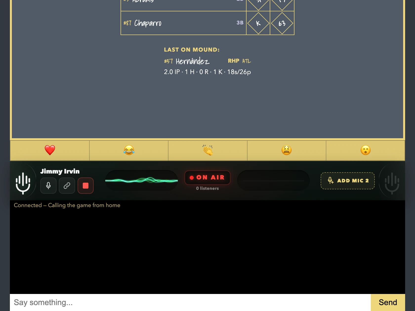 The broadcast console lit ON AIR with your name on Mic 1, a live waveform, mute, and end controls.