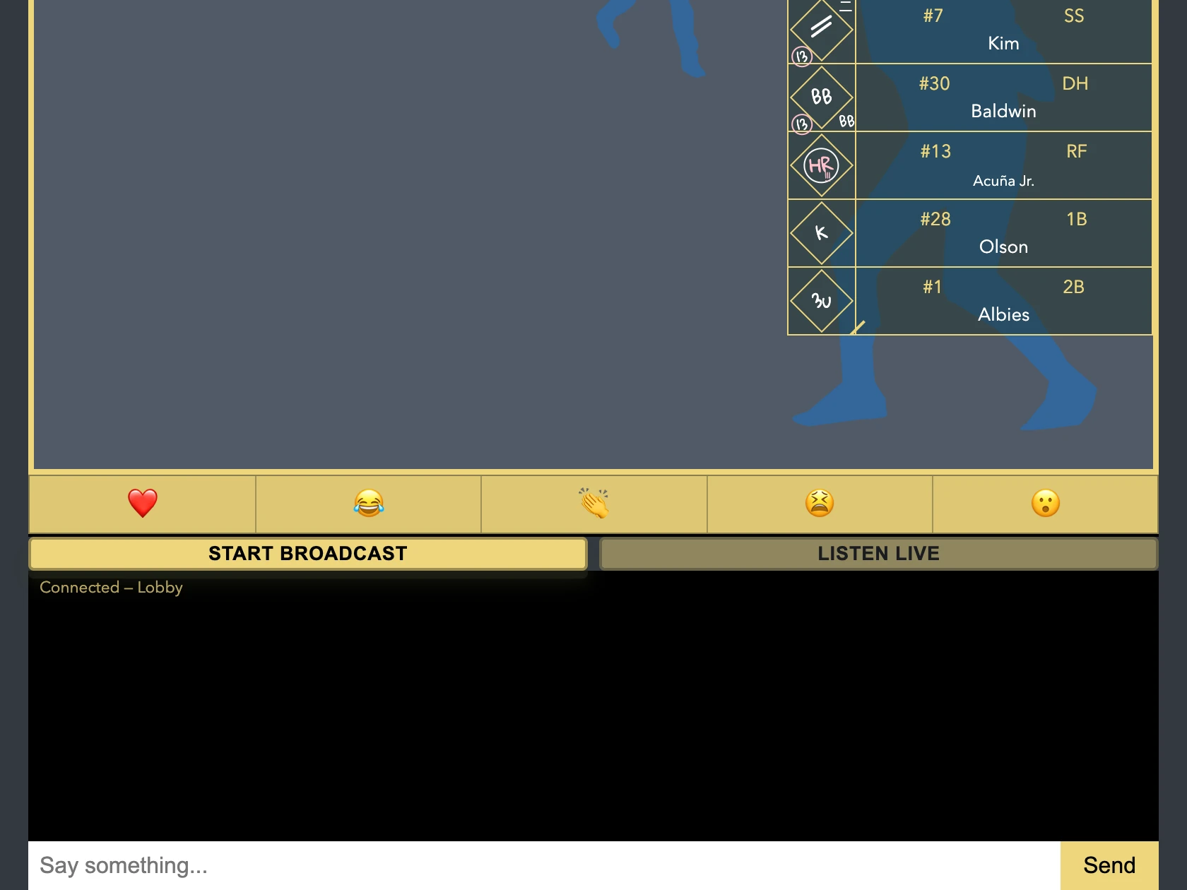 A live game page with the Start Broadcast button under the game.