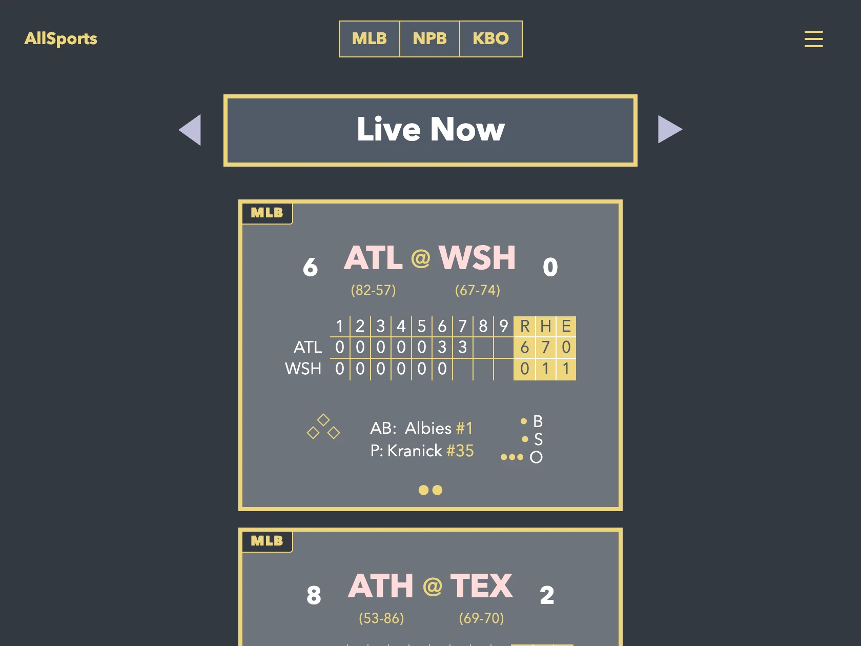 The AllSports Radio home page listing the games that are live right now.
