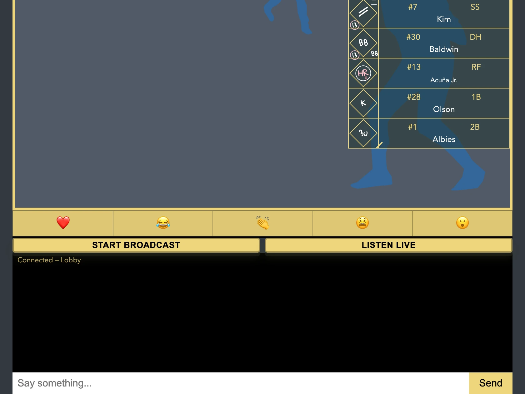 A live game page with the Start Broadcast and Listen live buttons under the game.