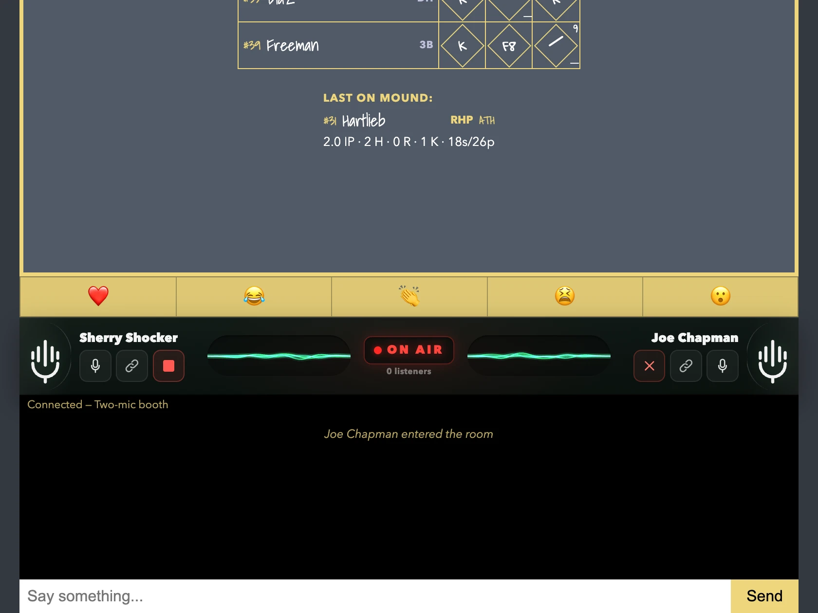 The host console with both mics live: the invited user’s name and waveform on Mic 2 with mute and remove controls.