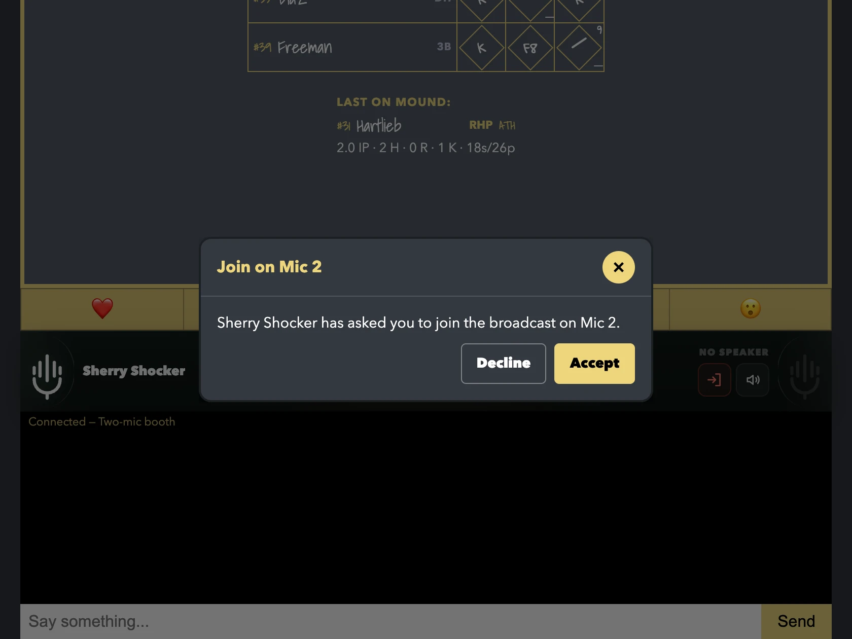 The invited listener’s screen: a Join on Mic 2 dialog with Decline and Accept buttons.