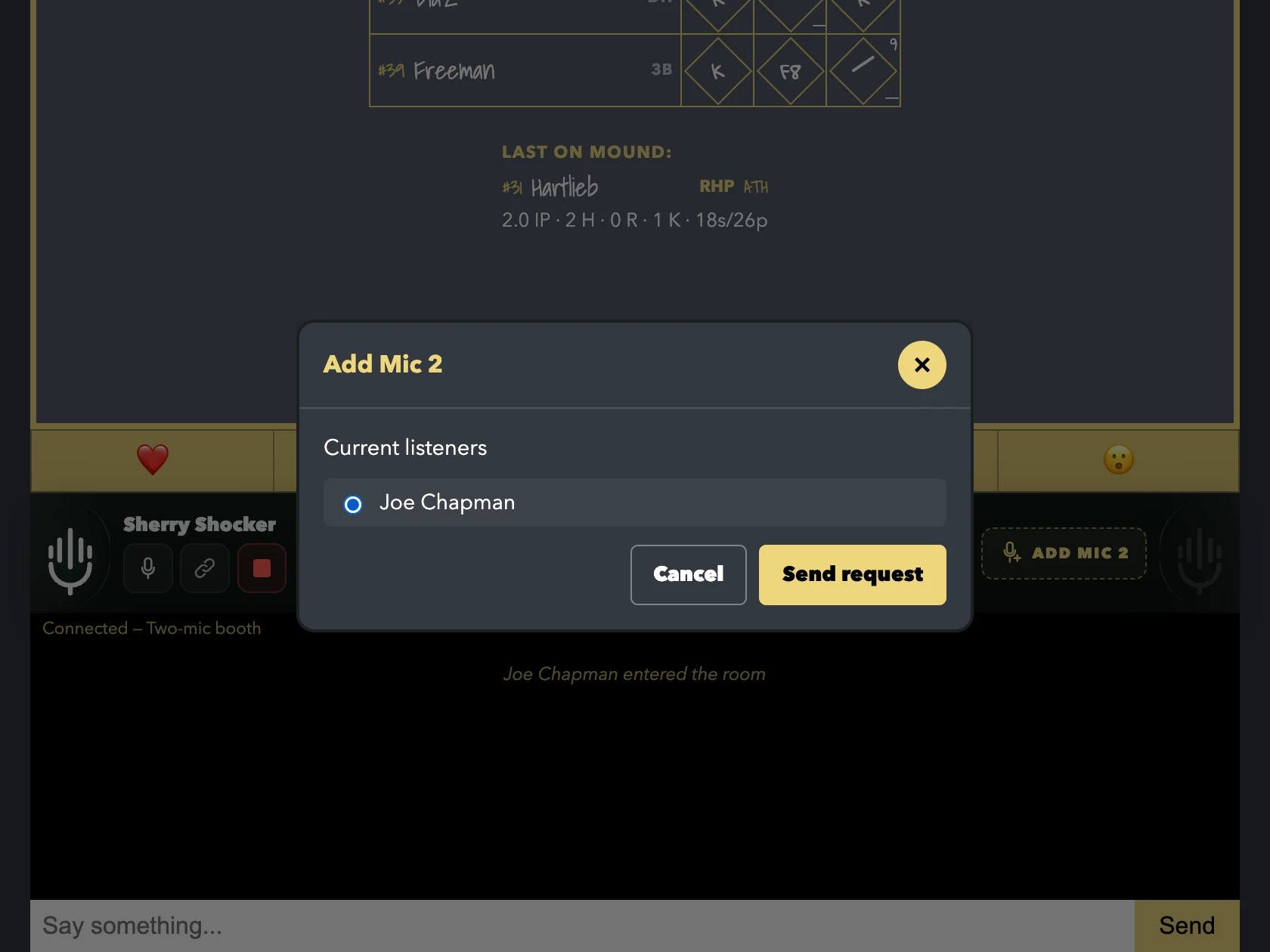 The Add Mic 2 dialog listing current listeners, with one selected and a Send request button.