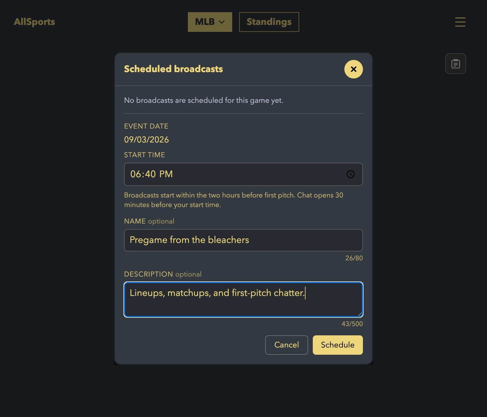 The scheduling form with a start time, an optional name and description, and a Schedule button.